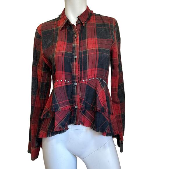 Zara Studded Distressed Circus Red Black Tartan Plaid Shirt Punk sz S NWT - Picture 4 of 13